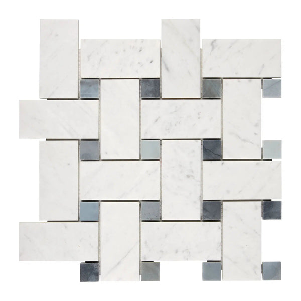 Carrara White Italian Premium Large Basketweave (w/ Blue-Gray) Mosaic Marble Tile Polished-Honed