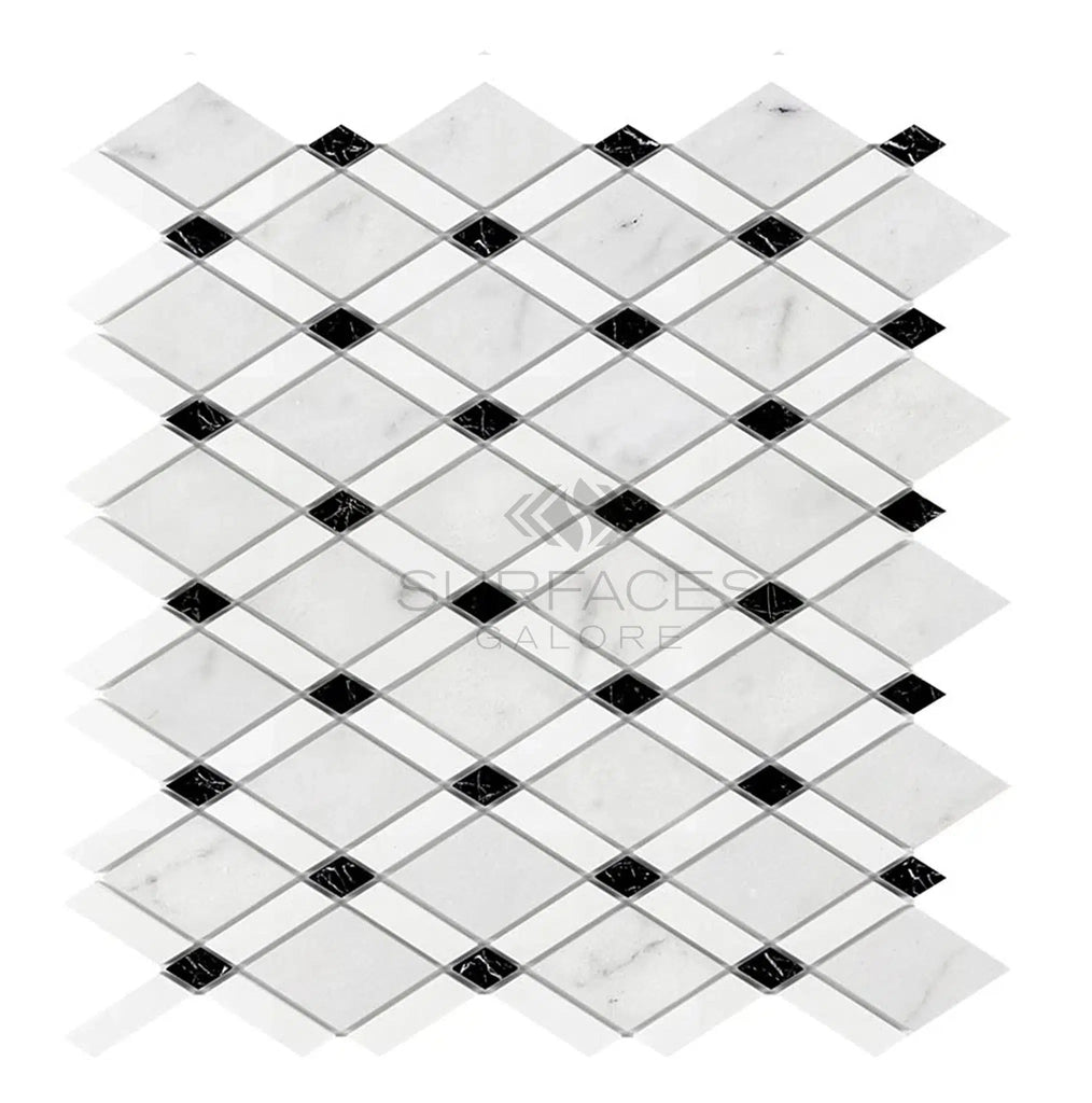 Carrara White Italian Premium Lattice (Thassos+Carrara White+Black) Mosaic Marble Tile Polished-Honed