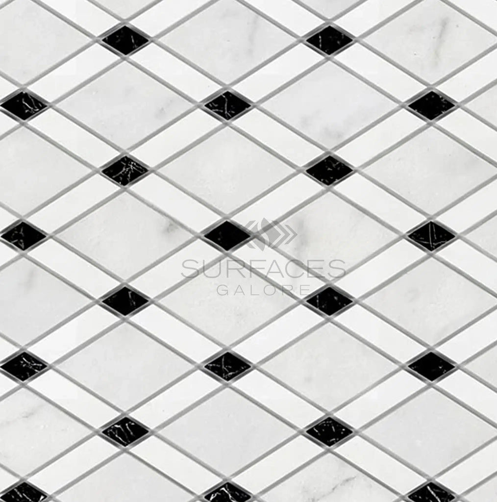 Carrara White Italian Premium Lattice (Thassos+Carrara White+Black) Mosaic Marble Tile Polished - Honed - SurfacesGalorePolished