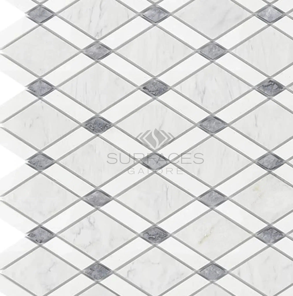 Carrara White Italian Premium Lattice (Thassos+Carrara White+Blue - Gray) Mosaic Marble Tile Polished - Honed - SurfacesGalorePolished