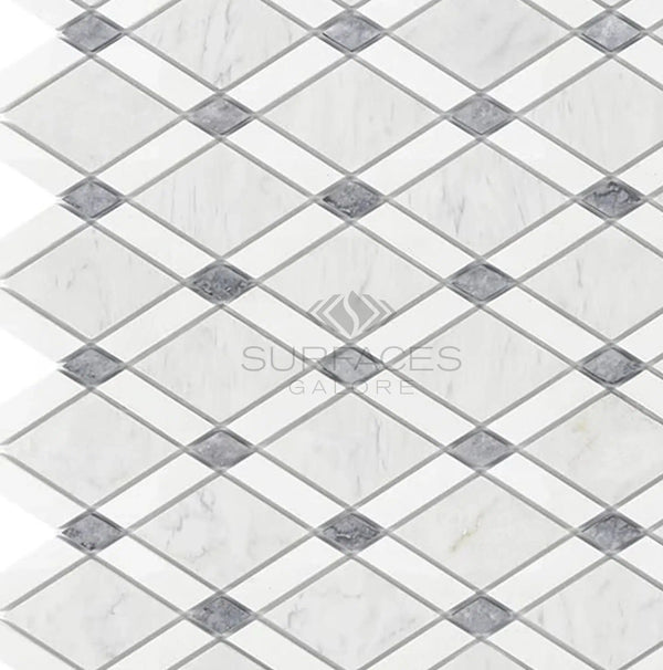 Carrara White Italian Premium Lattice (Thassos+Carrara White+Blue - Gray) Mosaic Marble Tile Polished - Honed - SurfacesGalorePolished