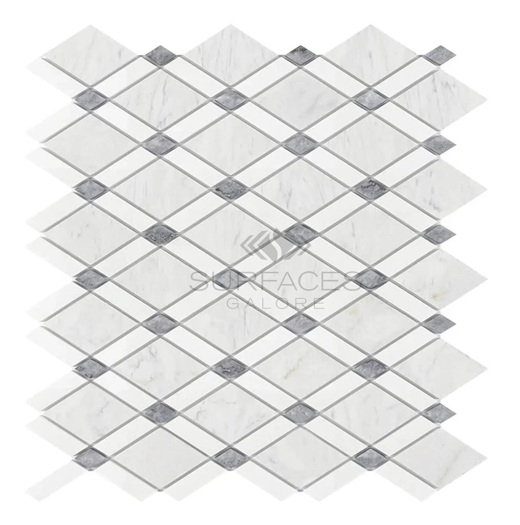 Carrara White Italian Premium Lattice (Thassos+Carrara White+Blue - Gray) Mosaic Marble Tile Polished - Honed - SurfacesGalorePolished