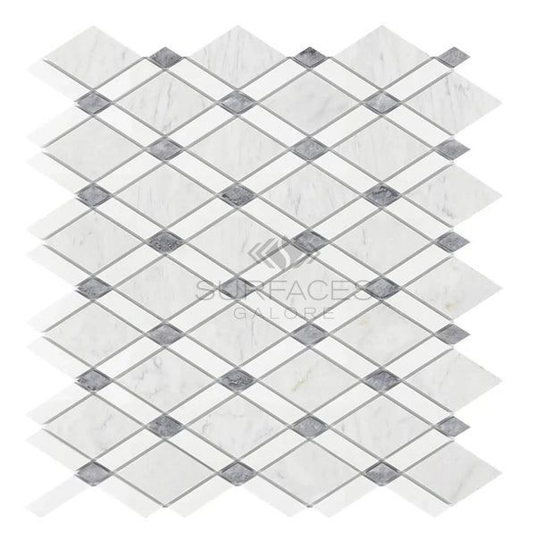 Carrara White Italian Premium Lattice (Thassos+Carrara White+Blue - Gray) Mosaic Marble Tile Polished - Honed - SurfacesGalorePolished