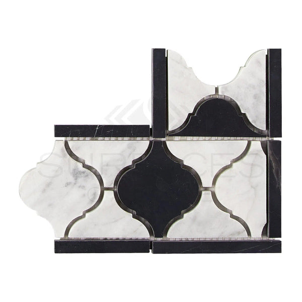 Carrara White Italian Premium Luxury (Lantern) Border CORNER (w/ Black) Polished - Honed - SurfacesGalorePolished