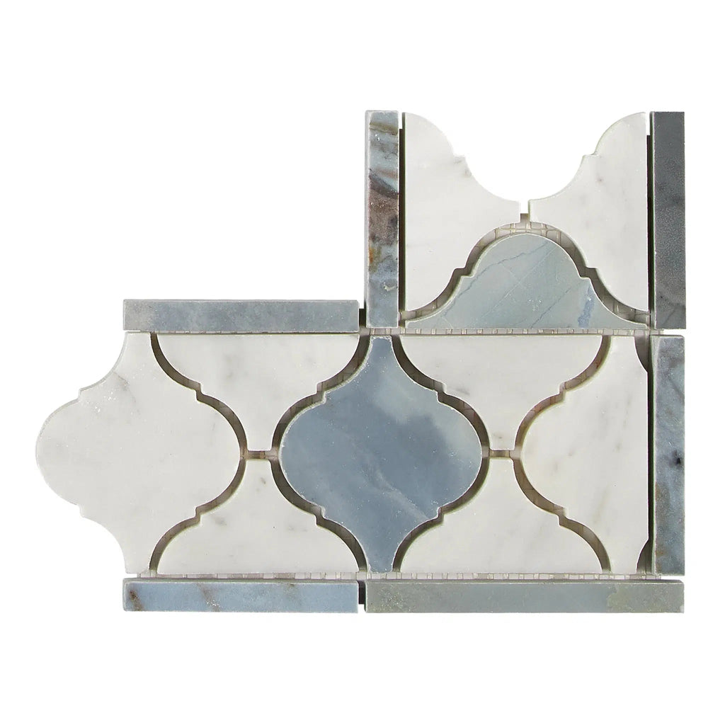 Carrara White Italian Premium Luxury (Lantern) Border CORNER (w/ Blue-Gray) Polished-Honed