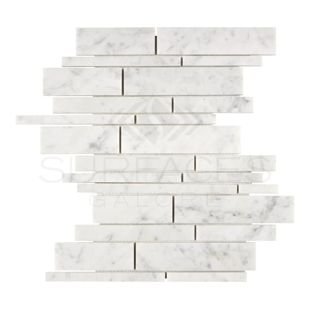 Carrara White Italian Premium Manhattan (Random - Strip) Mosaic Marble Tile Polished - Honed - SurfacesGalorePolished