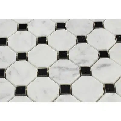 Carrara White Italian Premium Octagon (w/Black) Mosaic Marble Tile Polished - Honed - SurfacesGalorePolished