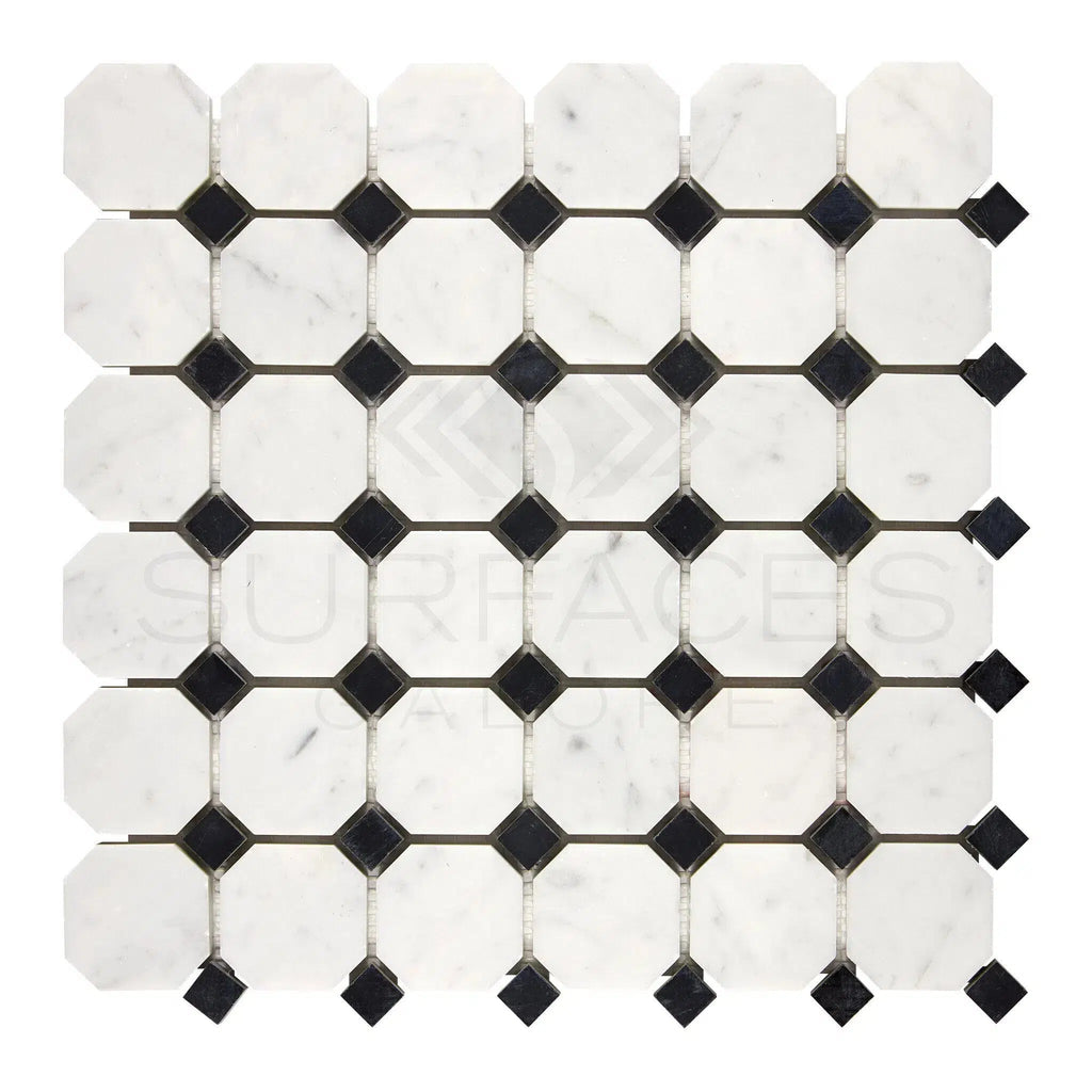 Carrara White Italian Premium Octagon (w/Black) Mosaic Marble Tile Polished-Honed