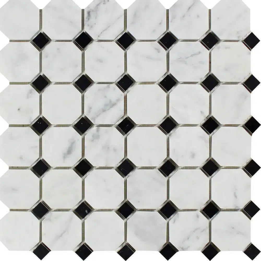 Carrara White Italian Premium Octagon (w/Black) Mosaic Marble Tile Polished-Honed