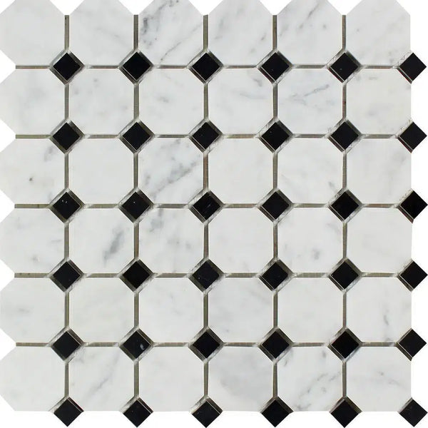 Carrara White Italian Premium Octagon (w/Black) Mosaic Marble Tile Polished - Honed - SurfacesGalorePolished