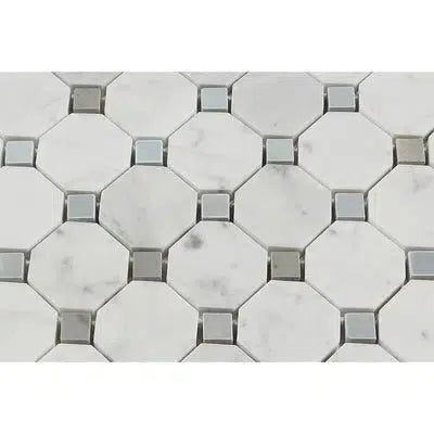 Carrara White Italian Premium Octagon (w/Blue - Gray) Mosaic Marble Tile Polished - Honed - SurfacesGalorePolished