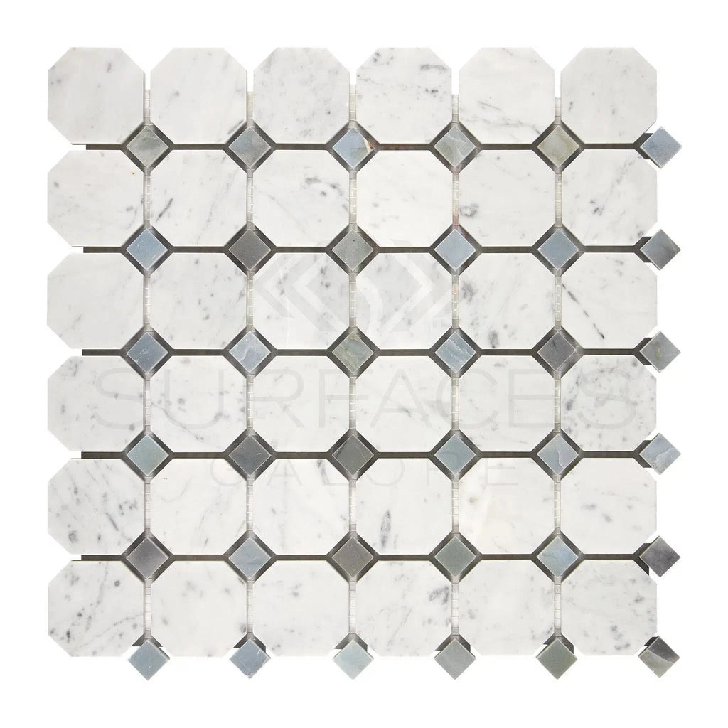 Carrara White Italian Premium Octagon (w/Blue-Gray) Mosaic Marble Tile Polished-Honed