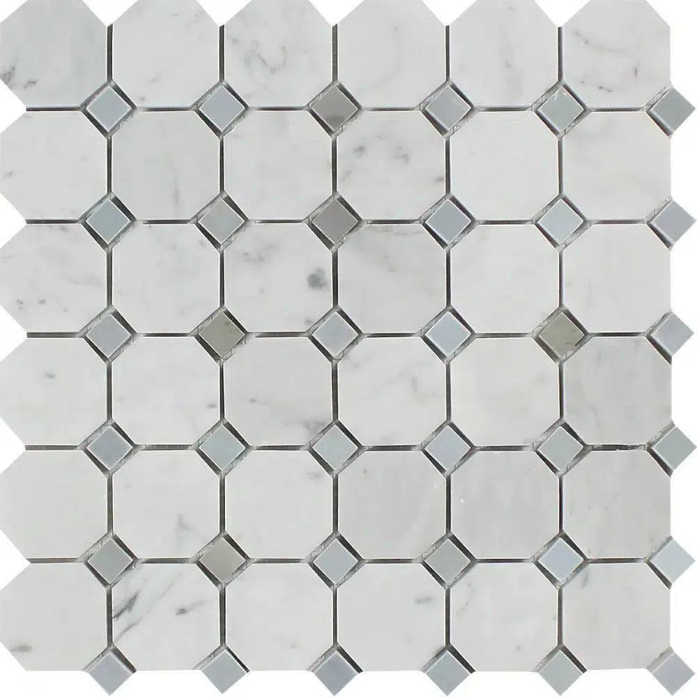 Carrara White Italian Premium Octagon (w/Blue-Gray) Mosaic Marble Tile Polished-Honed