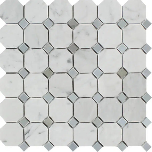 Carrara White Italian Premium Octagon (w/Blue - Gray) Mosaic Marble Tile Polished - Honed - SurfacesGalorePolished