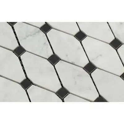 Carrara White Italian Premium Octave (Long Octagon)(w/ Black) Mosaic Marble Tile Polished - Honed - SurfacesGalorePolished