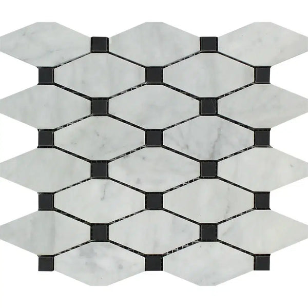 Carrara White Italian Premium Octave (Long Octagon)(w/ Black) Mosaic Marble Tile Polished - Honed - SurfacesGalorePolished