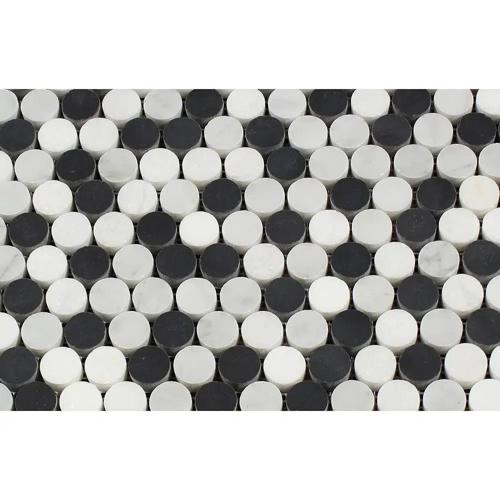 Carrara White Italian Premium Penny - Round (Carrara+Thassos+Black) Mosaic Marble Tile Polished - Honed - SurfacesGalorePolished