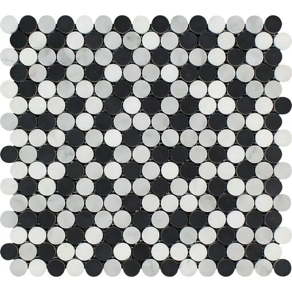 Carrara White Italian Premium Penny - Round (Carrara+Thassos+Black) Mosaic Marble Tile Polished - Honed - SurfacesGalorePolished