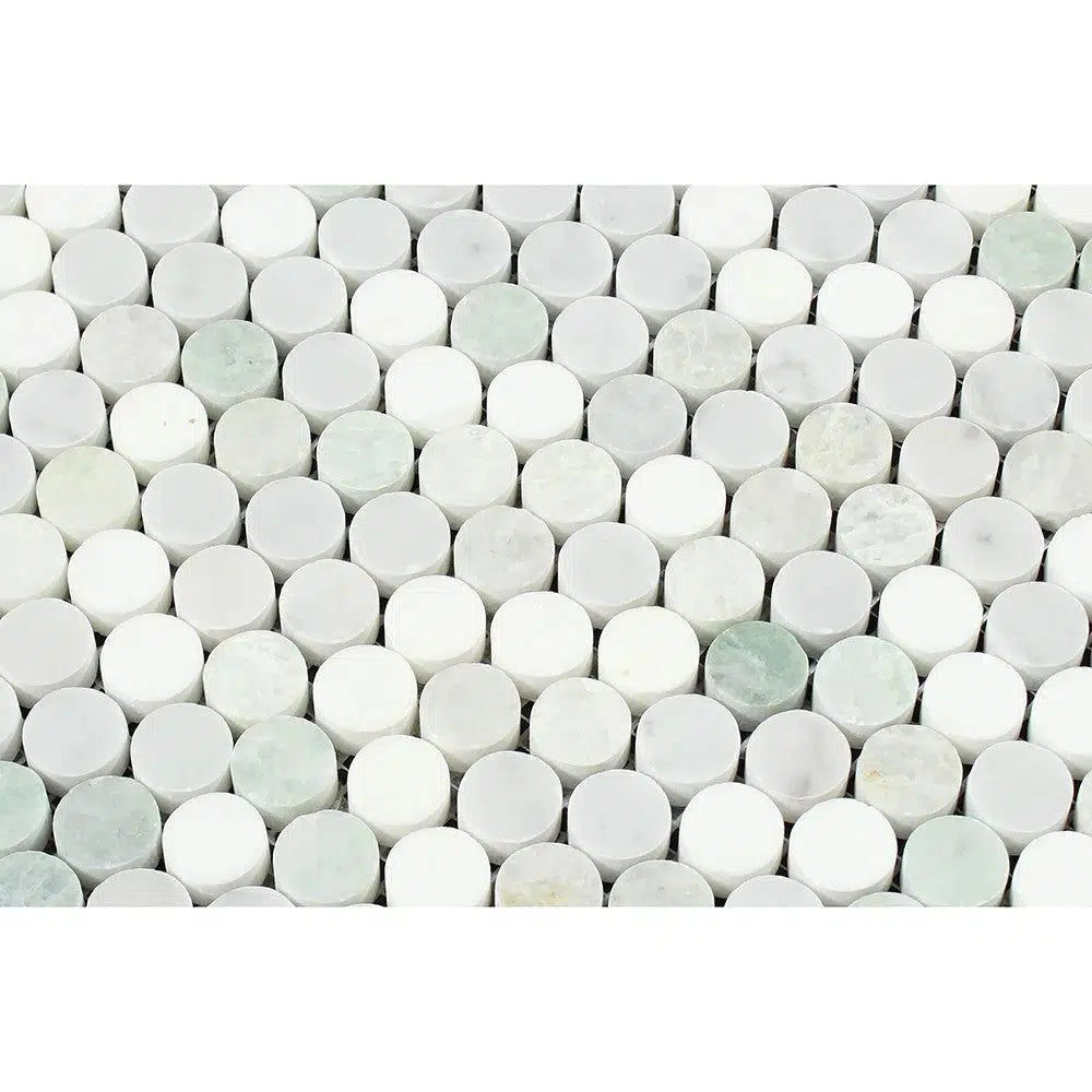 Carrara White Italian Premium Penny - Round (Carrara+Thassos+Ming Green) Mosaic Marble Tile Polished - Honed - SurfacesGalorePolished