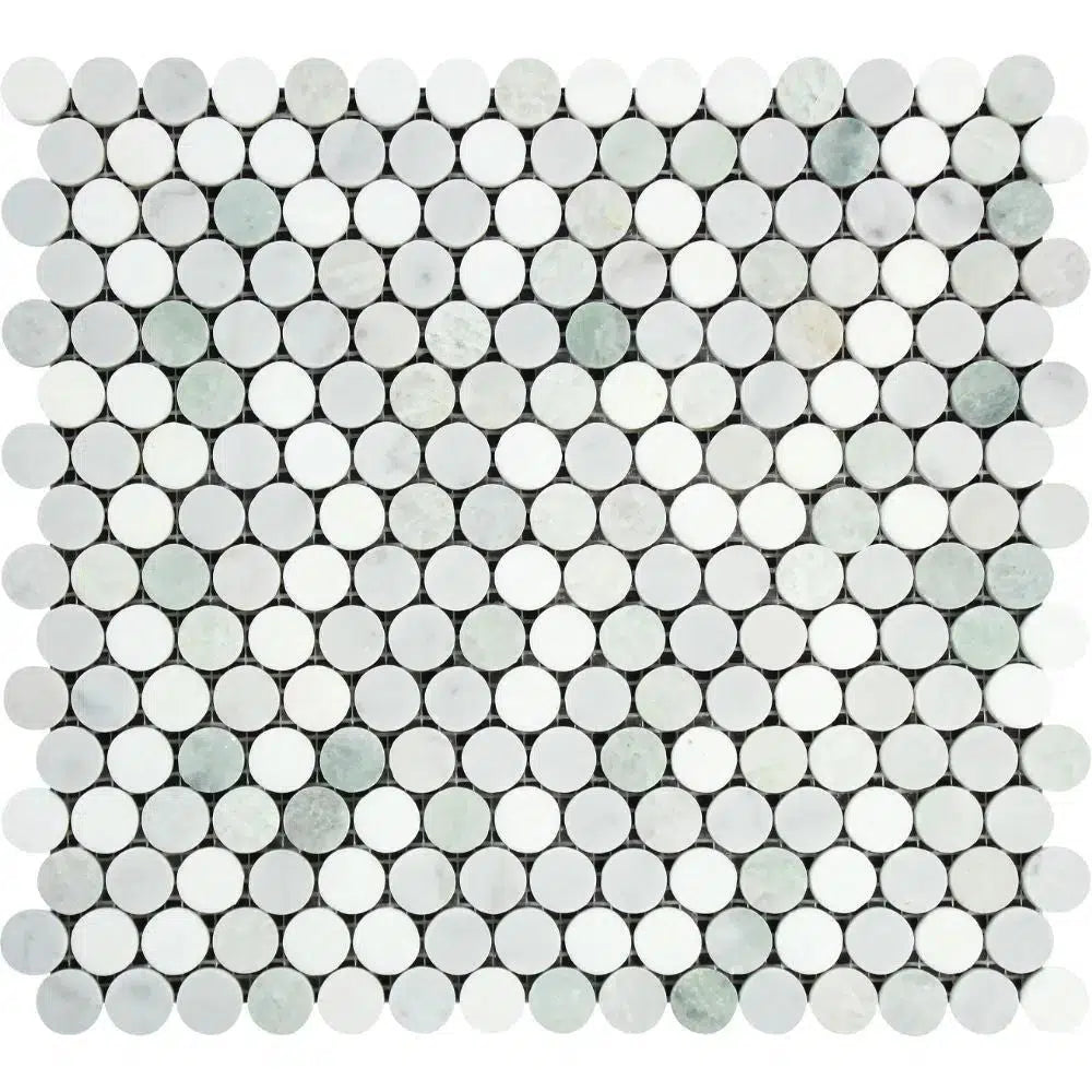 Carrara White Italian Premium Penny - Round (Carrara+Thassos+Ming Green) Mosaic Marble Tile Polished - Honed - SurfacesGalorePolished