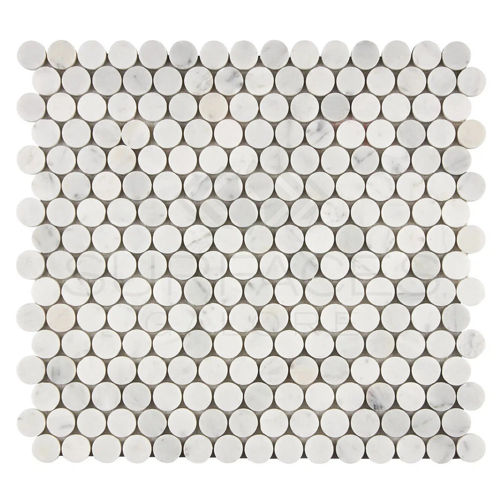 Carrara White Italian Premium Penny - Round Mosaic Marble Tile Polished - Honed - SurfacesGalorePolished