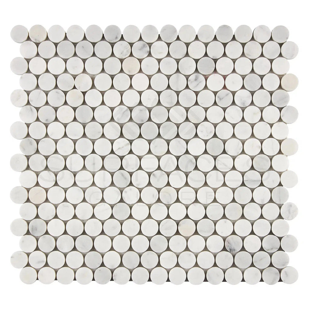 Carrara White Italian Premium Penny-Round Mosaic Marble Tile Polished-Honed