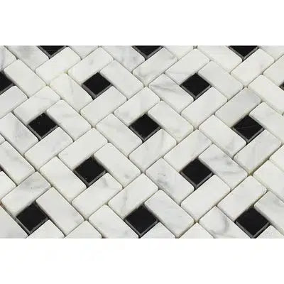 Carrara White Italian Premium Pinwheel Mosaic (w/Black) Mosaic Marble Tile Polished - Honed - SurfacesGalorePolished