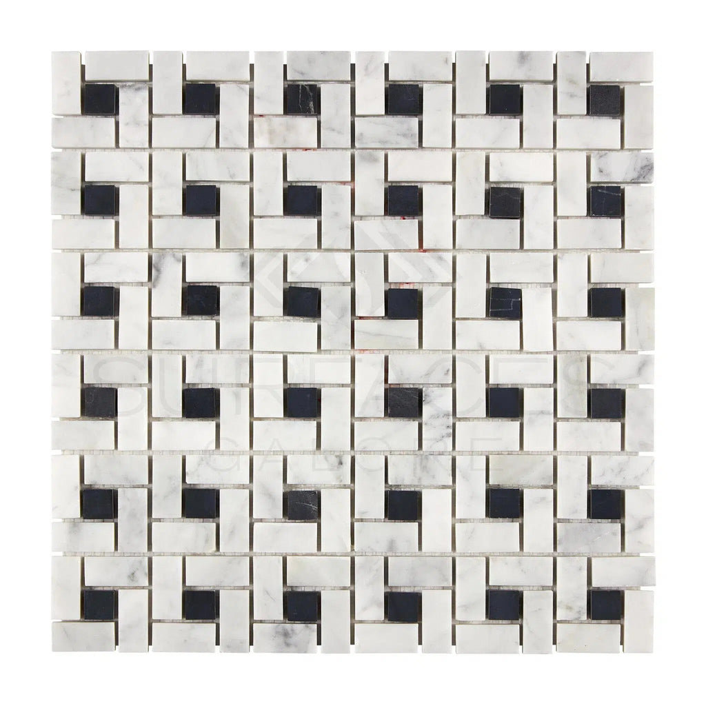 Carrara White Italian Premium Pinwheel Mosaic (w/Black) Mosaic Marble Tile Polished - Honed - SurfacesGalorePolished