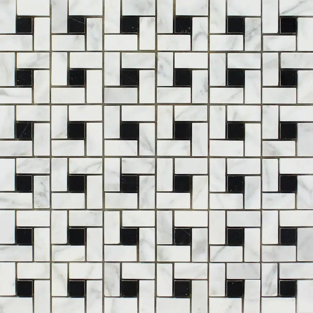 Carrara White Italian Premium Pinwheel Mosaic (w/Black) Mosaic Marble Tile Polished - Honed - SurfacesGalorePolished