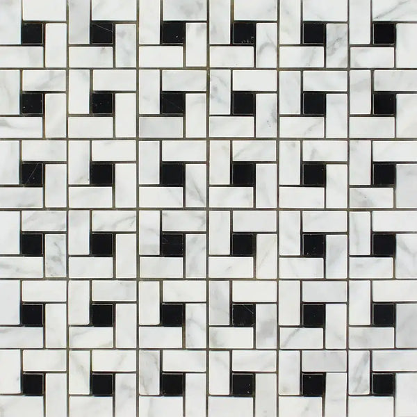 Carrara White Italian Premium Pinwheel Mosaic (w/Black) Mosaic Marble Tile Polished - Honed - SurfacesGalorePolished