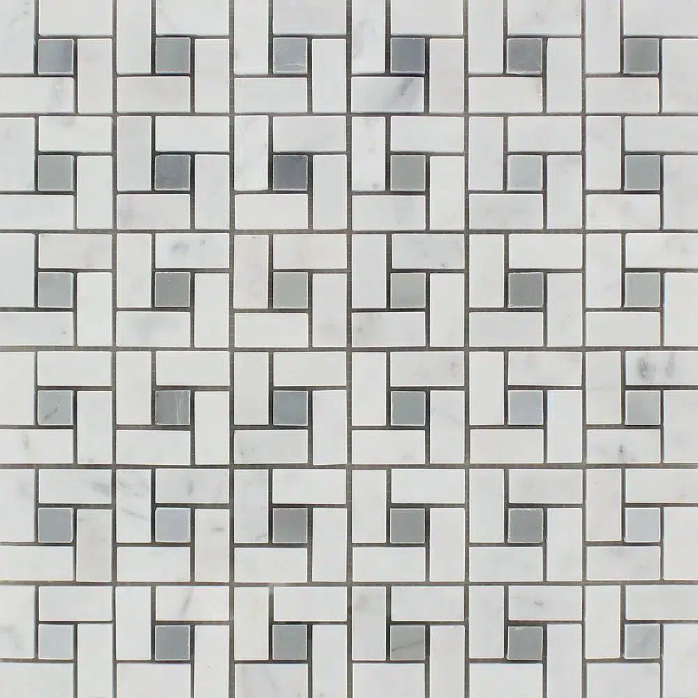 Carrara White Italian Premium Pinwheel Mosaic (w/Blue - Gray) Mosaic Marble Tile Polished - Honed - SurfacesGalorePolished