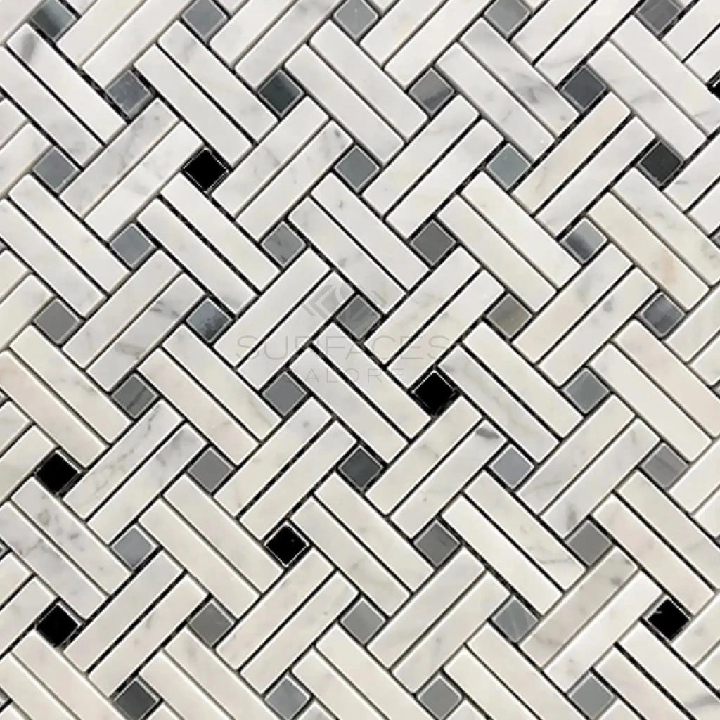 Carrara White Italian Premium Stanza (w/Black/Blue - Gray) Mosaic Marble Tile Polished - Honed - SurfacesGalorePolished