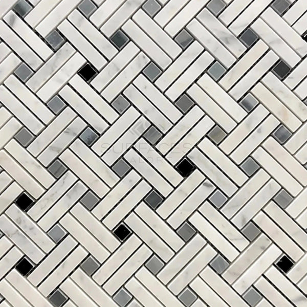 Carrara White Italian Premium Stanza (w/Black/Blue - Gray) Mosaic Marble Tile Polished - Honed - SurfacesGalorePolished