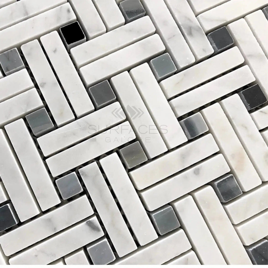 Carrara White Italian Premium Stanza (w/Black/Blue - Gray) Mosaic Marble Tile Polished - Honed - SurfacesGalorePolished