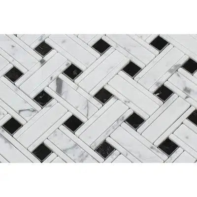 Carrara White Italian Premium Triple - Weave (w/Black) Mosaic Marble Tile Polished - Honed - SurfacesGalorePolished