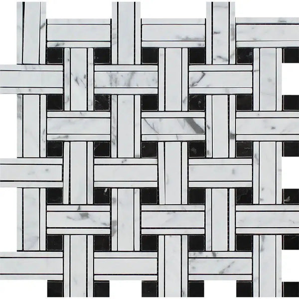 Carrara White Italian Premium Triple - Weave (w/Black) Mosaic Marble Tile Polished - Honed - SurfacesGalorePolished