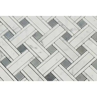 Carrara White Italian Premium Triple - Weave (w/Blue - Gray) Mosaic Marble Tile Polished - Honed - SurfacesGalorePolished