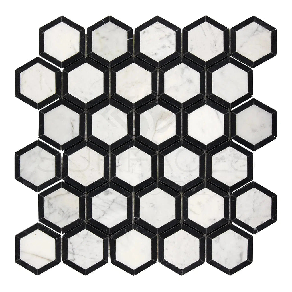 Carrara White Italian Premium Vortex Hexagon 2X2 (w/ Black) Mosaic Marble Tile Polished-Honed