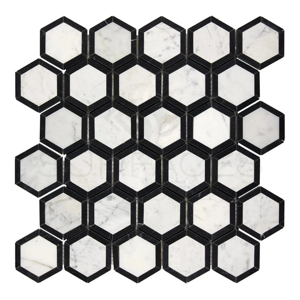 Carrara White Italian Premium Vortex Hexagon 2X2 (w/ Black) Mosaic Marble Tile Polished - Honed - SurfacesGalorePolished