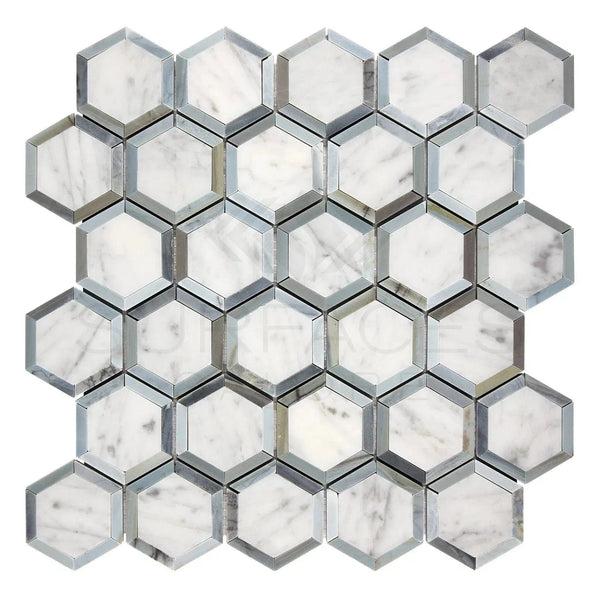 Carrara White Italian Premium Vortex Hexagon 2X2 (w/ Blue-Gray) Mosaic Marble Tile Polished-Honed