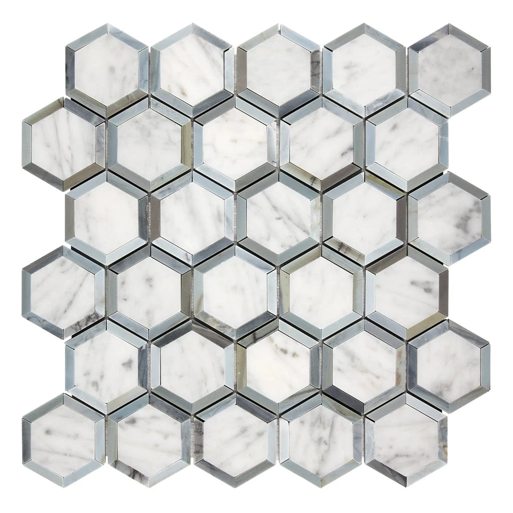 Carrara White Italian Premium Vortex Hexagon 2X2 (w/ Blue-Gray) Mosaic Marble Tile Polished-Honed