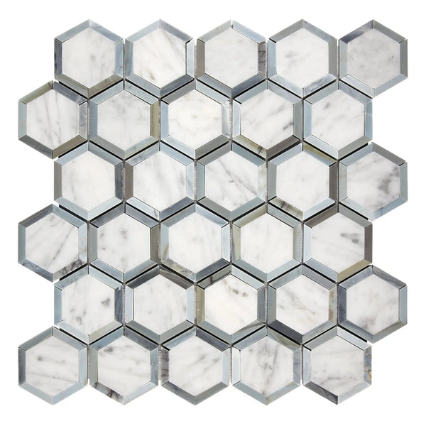 Carrara White Italian Premium Vortex Hexagon 2X2 (w/ Blue-Gray) Mosaic Marble Tile Polished-Honed