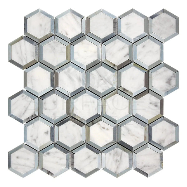 Carrara White Italian Premium Vortex Hexagon 2X2 (w/ Blue - Gray) Mosaic Marble Tile Polished - Honed - SurfacesGalorePolished