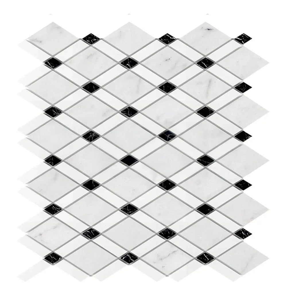 Carrara White Lattice (Thassos+Carrara White+Black) Mosaic Marble Tile Polished-Honed