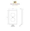 Diagram of a Carrara White Marble Single Duplex Plate Switch Wall Plate with measurements, featuring the SurfacesGalore logo at the top. This elegant wall plate adds a touch of luxury to your space, blending seamlessly with any décor.