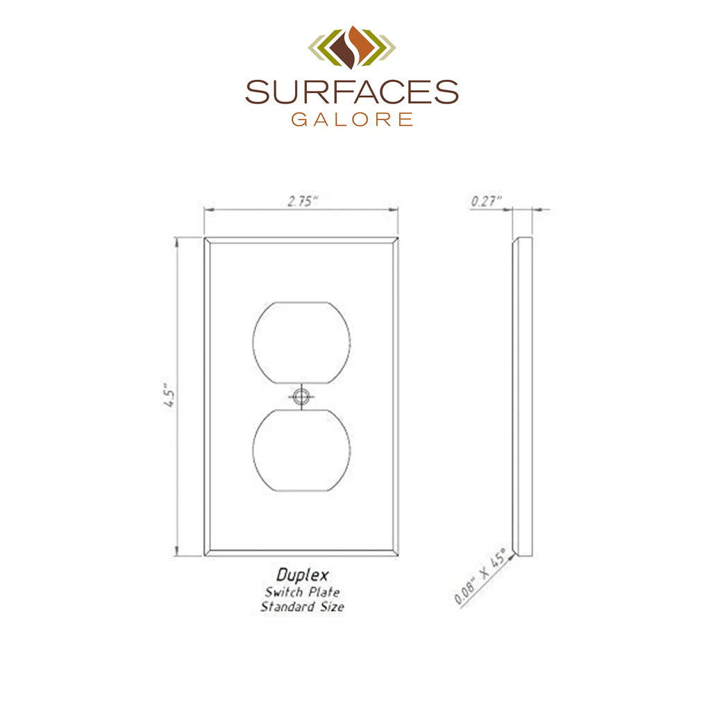 Diagram of a Carrara White Marble Single Duplex Plate Switch Wall Plate with measurements, featuring the SurfacesGalore logo at the top. This elegant wall plate adds a touch of luxury to your space, blending seamlessly with any décor.