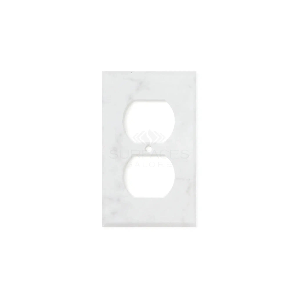 A Carrara White Marble Single DUPLEX Plate Switch Wall Plate from SurfacesGalore, made from authentic marble, sits against a plain white background.