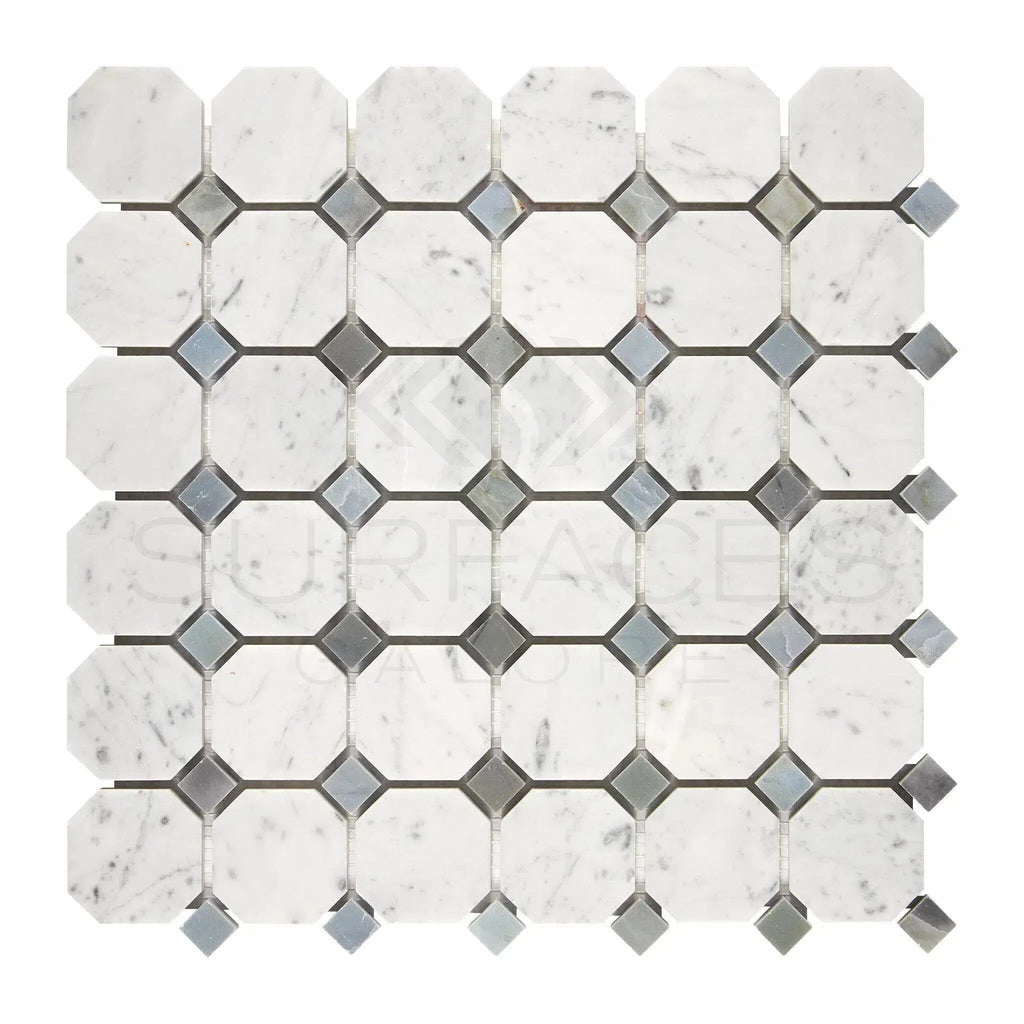 Carrara White Octagon (w/Blue-Gray) Mosaic Marble Tile Polished-Honed