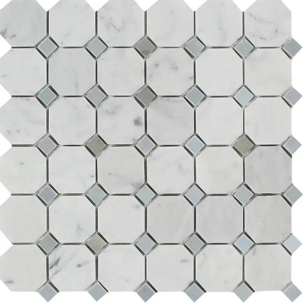 Carrara White Octagon (w/Blue-Gray) Mosaic Marble Tile Polished-Honed