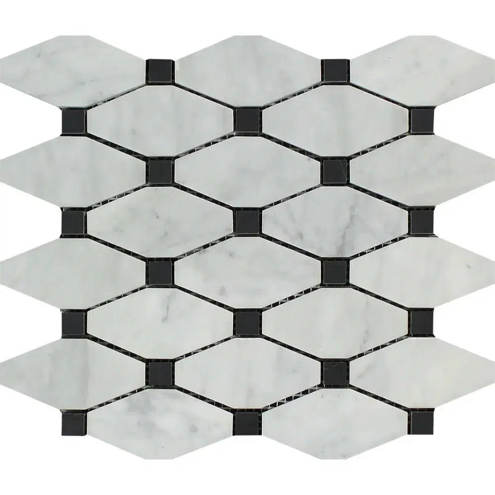 Carrara White Octave (Long Octagon)(w/ Black) Mosaic Marble Tile Polished-Honed